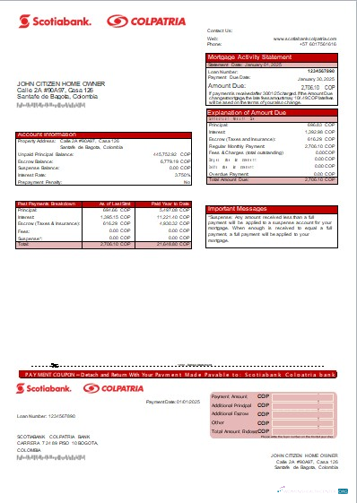 Download Colombia Scotiabank Colpatria bank mortgage statement scr Photoshop template